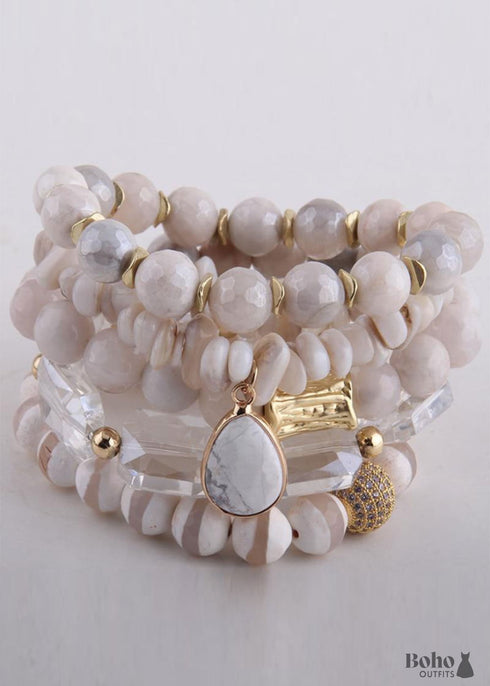 Boho Bracelet, RH Bracelet Set, Cubic Zircon Ball, Natural Stones, in Black and White